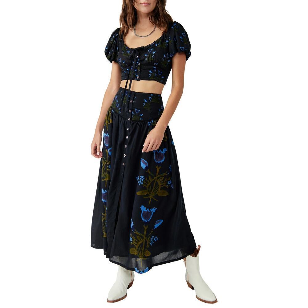 Free People Easy To Love Floral High Waisted Smocked Maxi Skirt Black Blue Small